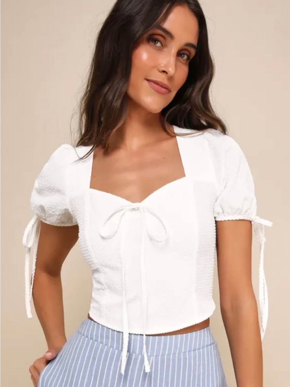 Lulu's White Tie-Front Square Neck Puff Sleeve Crop Top